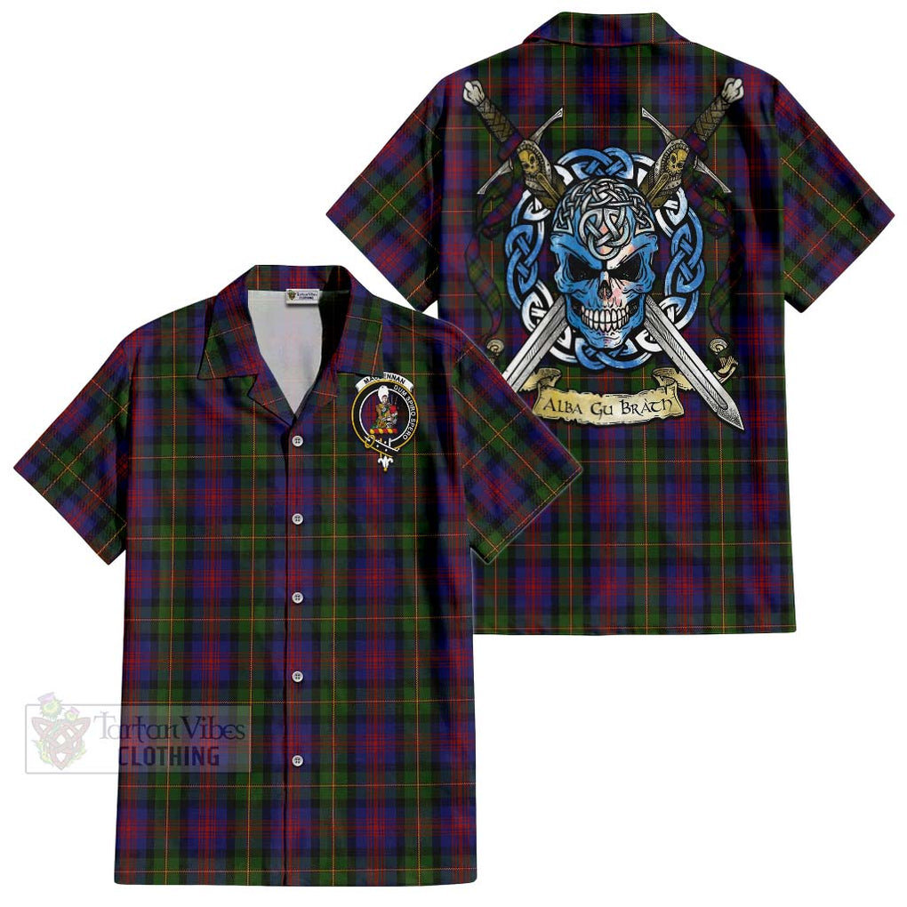 Tartan Vibes Clothing MacLennan (McLennan) Tartan Short Sleeve Button Shirt with Family Crest Celtic Skull Style