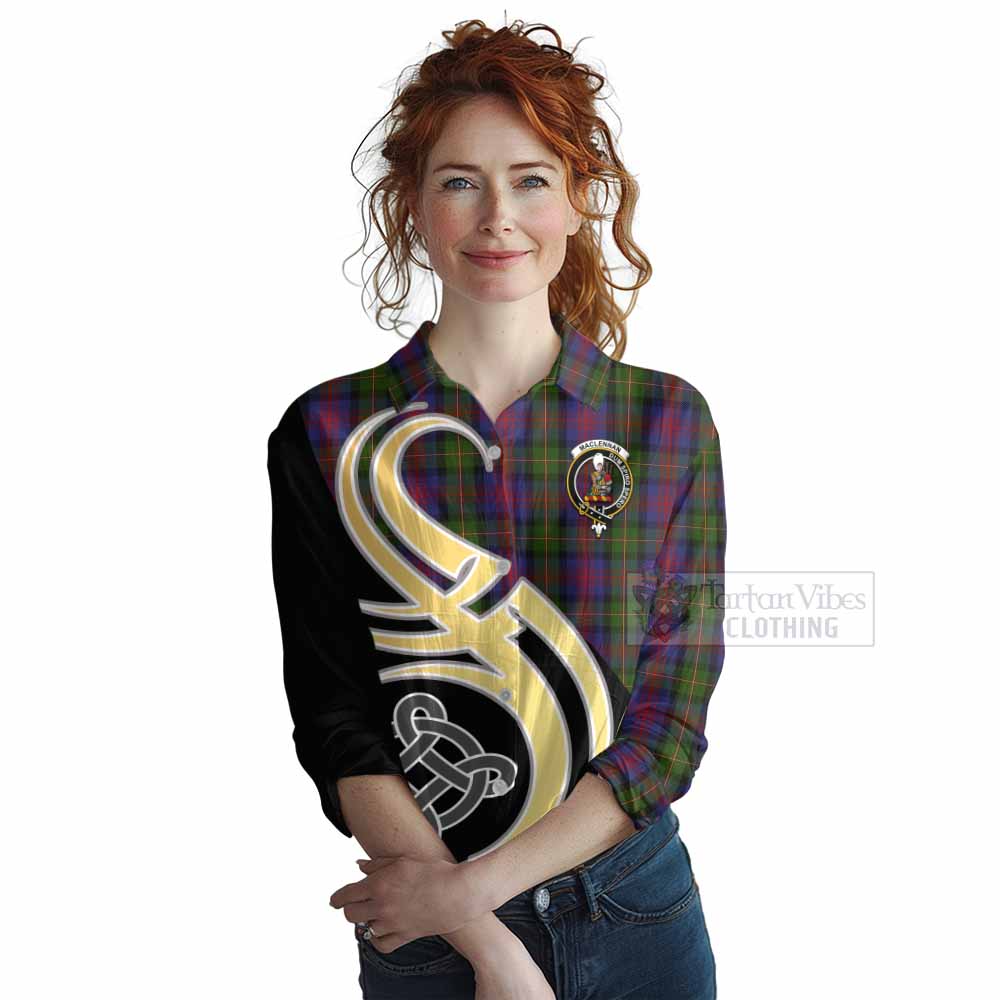 Tartan Vibes Clothing MacLennan (McLennan) Tartan Women's Casual Shirt with Family Crest and Celtic Symbol Style