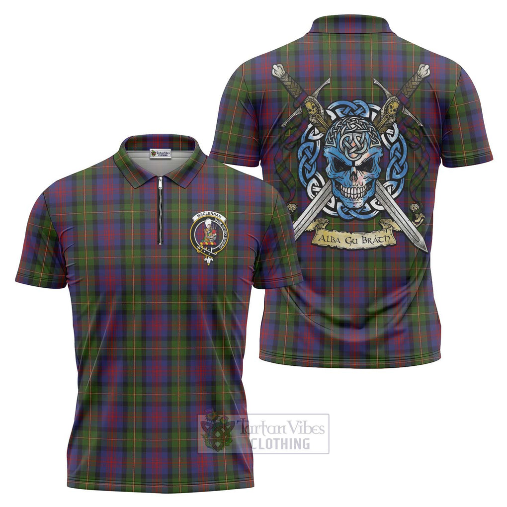 Tartan Vibes Clothing MacLennan (McLennan) Tartan Zipper Polo Shirt with Family Crest Celtic Skull Style