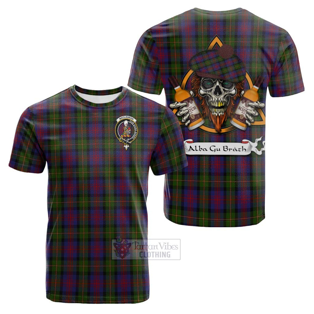 Tartan Vibes Clothing MacLennan (McLennan) Tartan Cotton T-shirt with Family Crest and Bearded Skull Holding Bottles of Whiskey