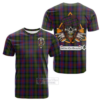 MacLennan (McLennan) Tartan Cotton T-shirt with Family Crest and Bearded Skull Holding Bottles of Whiskey