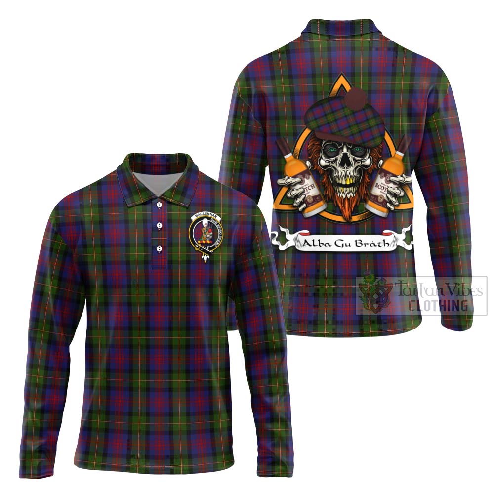 Tartan Vibes Clothing MacLennan (McLennan) Tartan Long Sleeve Polo Shirt with Family Crest and Bearded Skull Holding Bottles of Whiskey