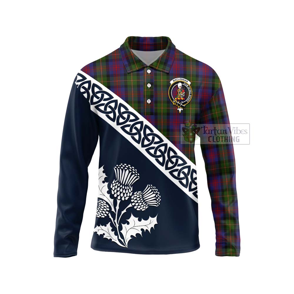 Tartan Vibes Clothing MacLennan (McLennan) Tartan Long Sleeve Polo Shirt Featuring Thistle and Scotland Map