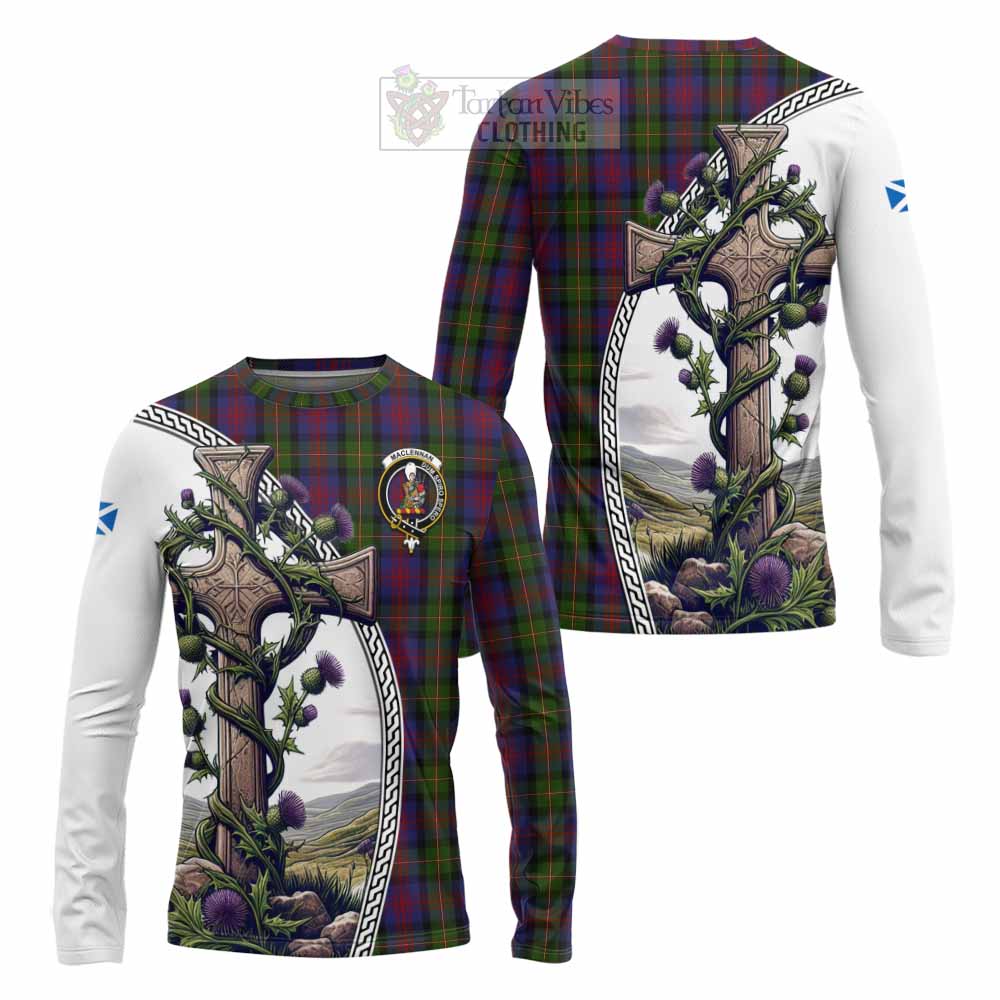 Tartan Vibes Clothing MacLennan (McLennan) Tartan Long Sleeve T-Shirt with Family Crest and St. Andrew's Cross Accented by Thistle Vines