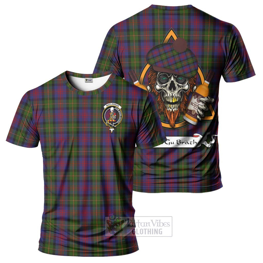 Tartan Vibes Clothing MacLennan (McLennan) Tartan T-Shirt with Family Crest and Bearded Skull Holding Bottles of Whiskey