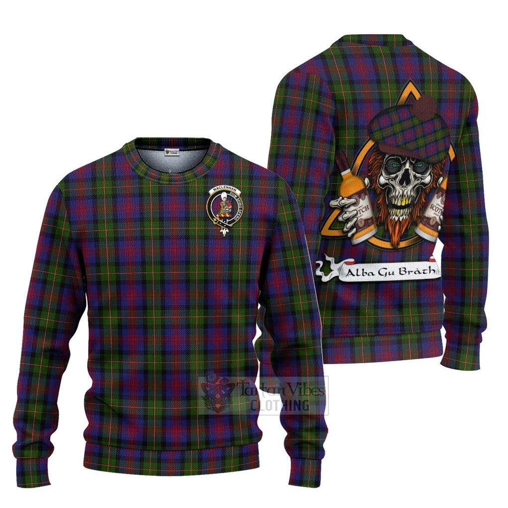 Tartan Vibes Clothing MacLennan (McLennan) Tartan Knitted Sweater with Family Crest and Bearded Skull Holding Bottles of Whiskey