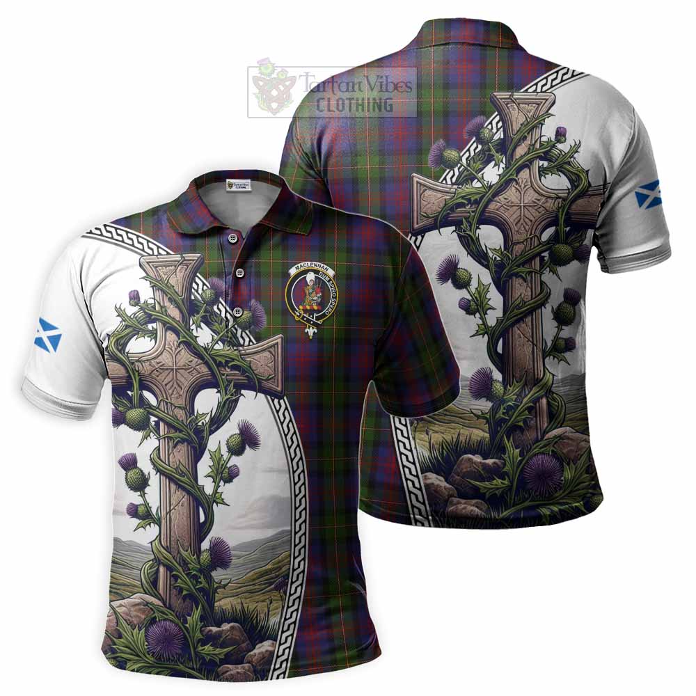 Tartan Vibes Clothing MacLennan (McLennan) Tartan Polo Shirt with Family Crest and St. Andrew's Cross Accented by Thistle Vines