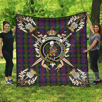 MacLennan (McLennan) Tartan Quilt with Family Crest and Golden Thistle Crossed Sword Design