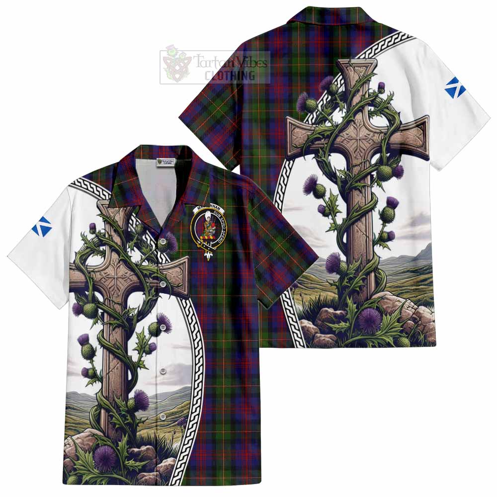 Tartan Vibes Clothing MacLennan (McLennan) Tartan Short Sleeve Button Shirt with Family Crest and St. Andrew's Cross Accented by Thistle Vines