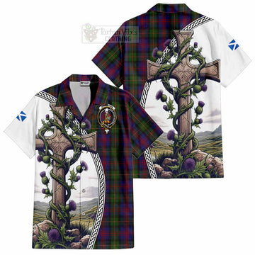 MacLennan (McLennan) Tartan Short Sleeve Button Shirt with Family Crest and St. Andrew's Cross Accented by Thistle Vines