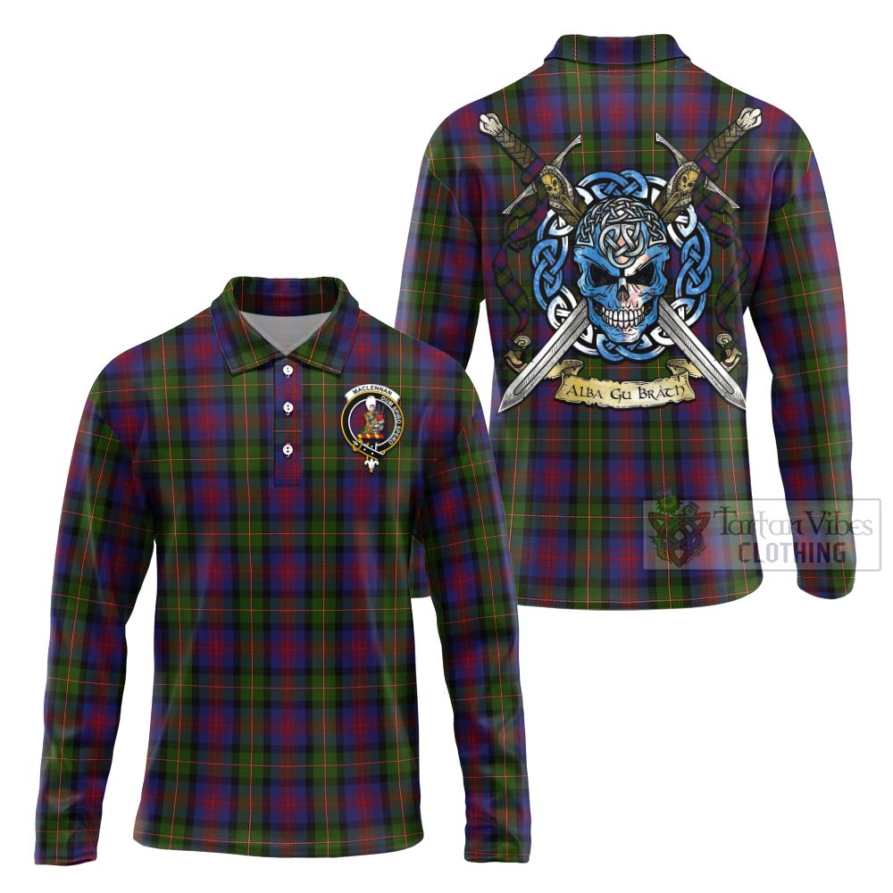 Tartan Vibes Clothing MacLennan (McLennan) Tartan Long Sleeve Polo Shirt with Family Crest Celtic Skull Style