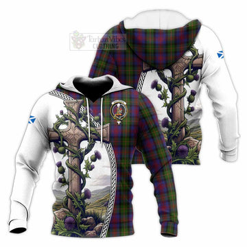 MacLennan (McLennan) Tartan Knitted Hoodie with Family Crest and St. Andrew's Cross Accented by Thistle Vines