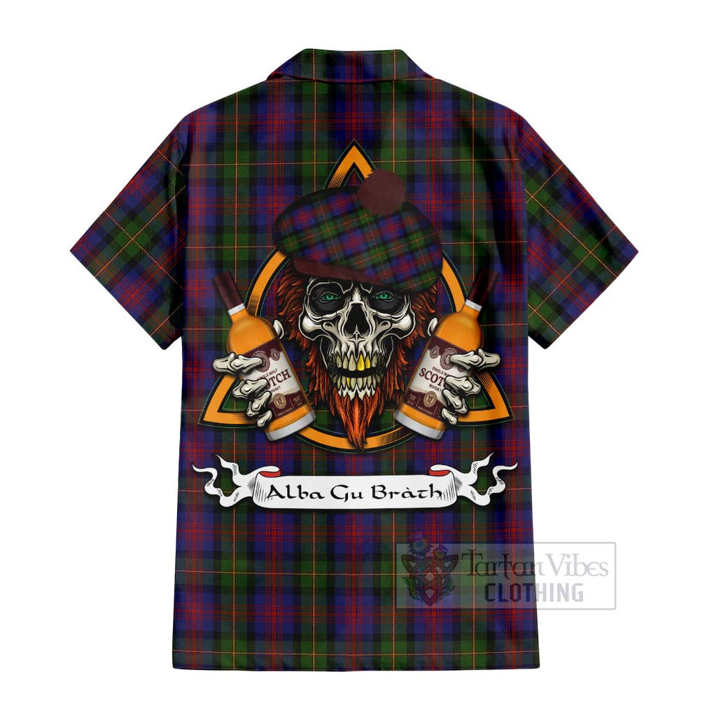 Tartan Vibes Clothing MacLennan (McLennan) Tartan Short Sleeve Button Shirt with Family Crest and Bearded Skull Holding Bottles of Whiskey