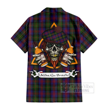 MacLennan (McLennan) Tartan Short Sleeve Button Shirt with Family Crest and Bearded Skull Holding Bottles of Whiskey