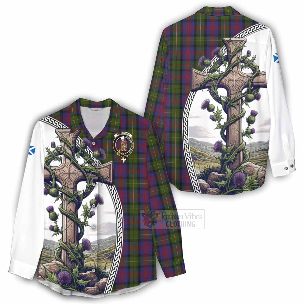 Tartan Vibes Clothing MacLennan (McLennan) Tartan Women's Casual Shirt with Family Crest and St. Andrew's Cross Accented by Thistle Vines