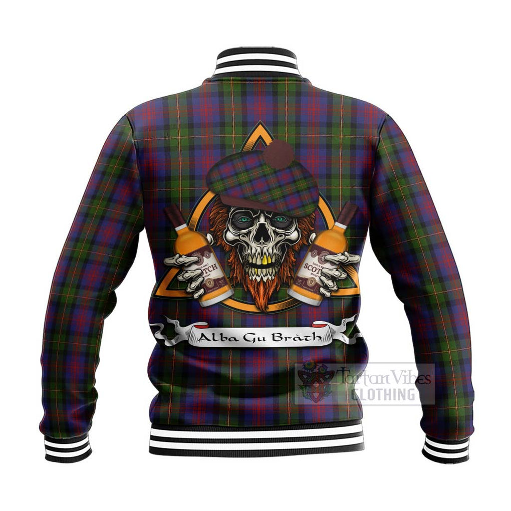 Tartan Vibes Clothing MacLennan (McLennan) Tartan Baseball Jacket with Family Crest and Bearded Skull Holding Bottles of Whiskey