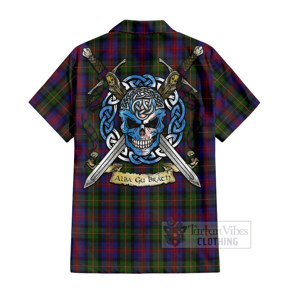 Tartan Vibes Clothing MacLennan (McLennan) Tartan Short Sleeve Button Shirt with Family Crest Celtic Skull Style