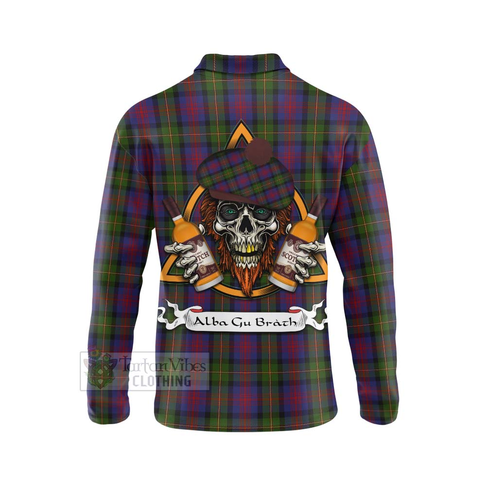 Tartan Vibes Clothing MacLennan (McLennan) Tartan Long Sleeve Polo Shirt with Family Crest and Bearded Skull Holding Bottles of Whiskey