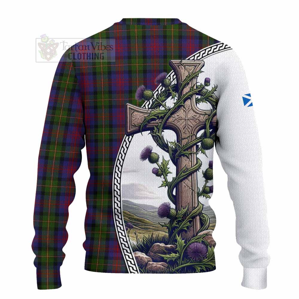 Tartan Vibes Clothing MacLennan (McLennan) Tartan Knitted Sweater with Family Crest and St. Andrew's Cross Accented by Thistle Vines