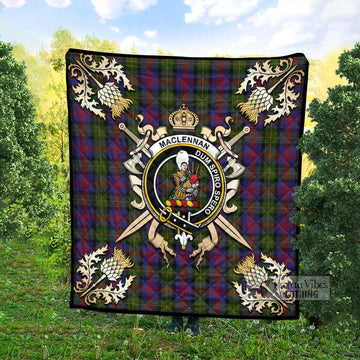 MacLennan (McLennan) Tartan Quilt with Family Crest and Golden Thistle Crossed Sword Design