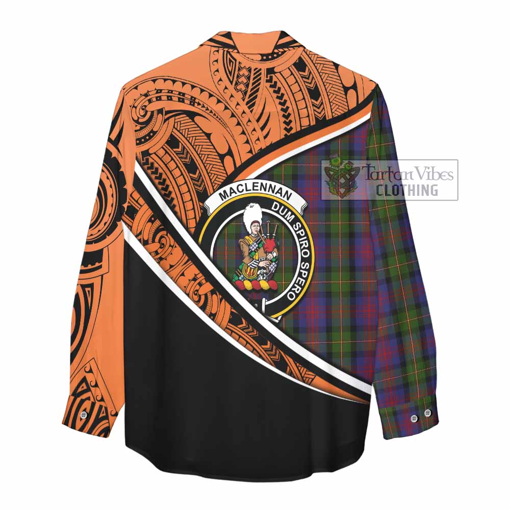 Tartan Vibes Clothing MacLennan (McLennan) Crest Tartan Women's Casual Shirt with Maori Tattoo Style - Orange Version