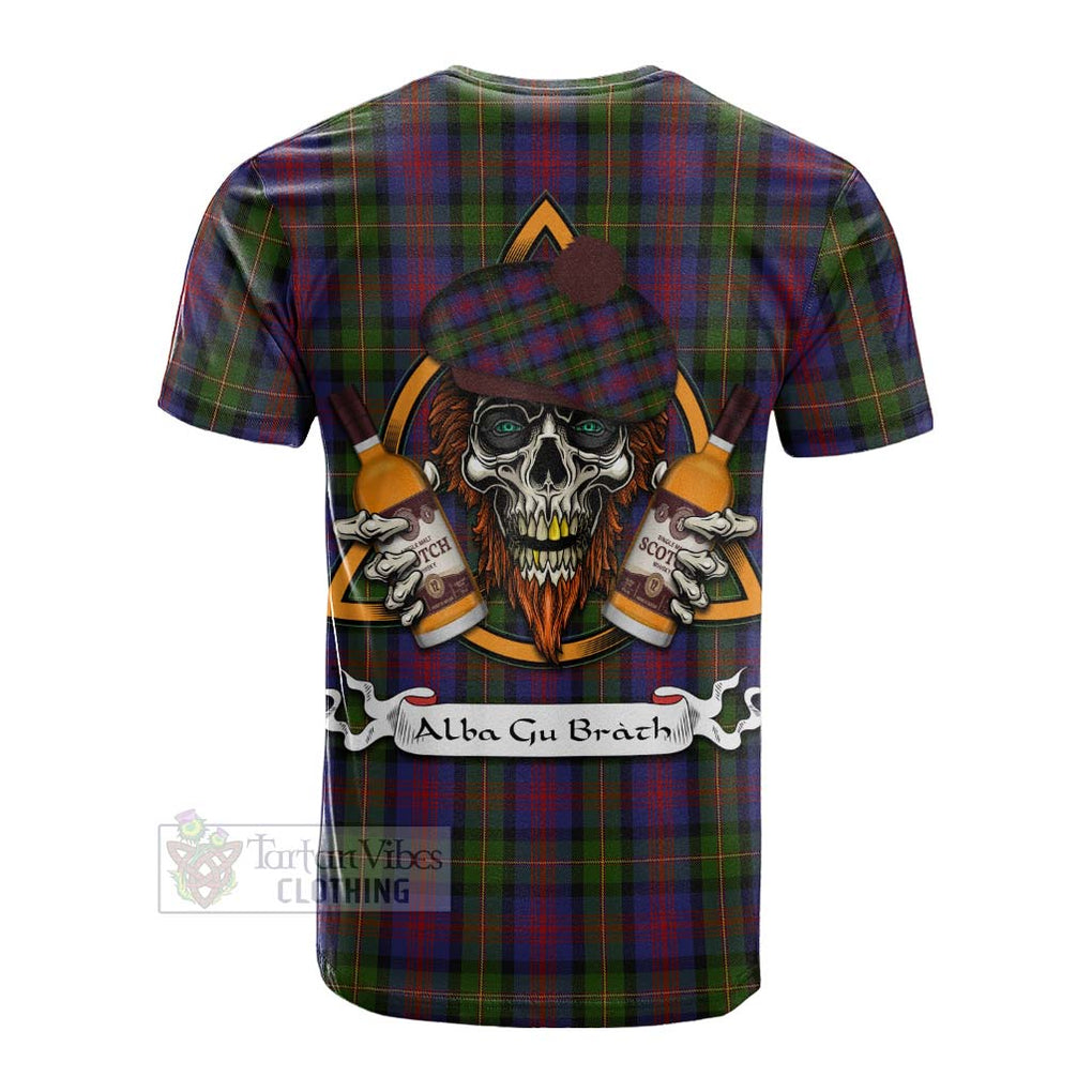 Tartan Vibes Clothing MacLennan (McLennan) Tartan Cotton T-shirt with Family Crest and Bearded Skull Holding Bottles of Whiskey