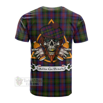 MacLennan (McLennan) Tartan Cotton T-shirt with Family Crest and Bearded Skull Holding Bottles of Whiskey