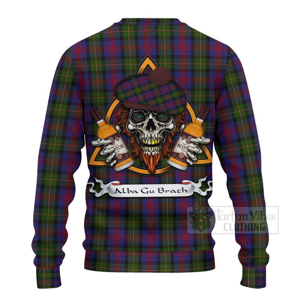 Tartan Vibes Clothing MacLennan (McLennan) Tartan Knitted Sweater with Family Crest and Bearded Skull Holding Bottles of Whiskey