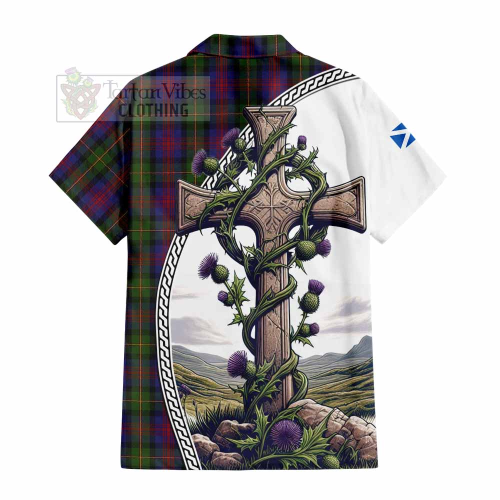 Tartan Vibes Clothing MacLennan (McLennan) Tartan Short Sleeve Button Shirt with Family Crest and St. Andrew's Cross Accented by Thistle Vines