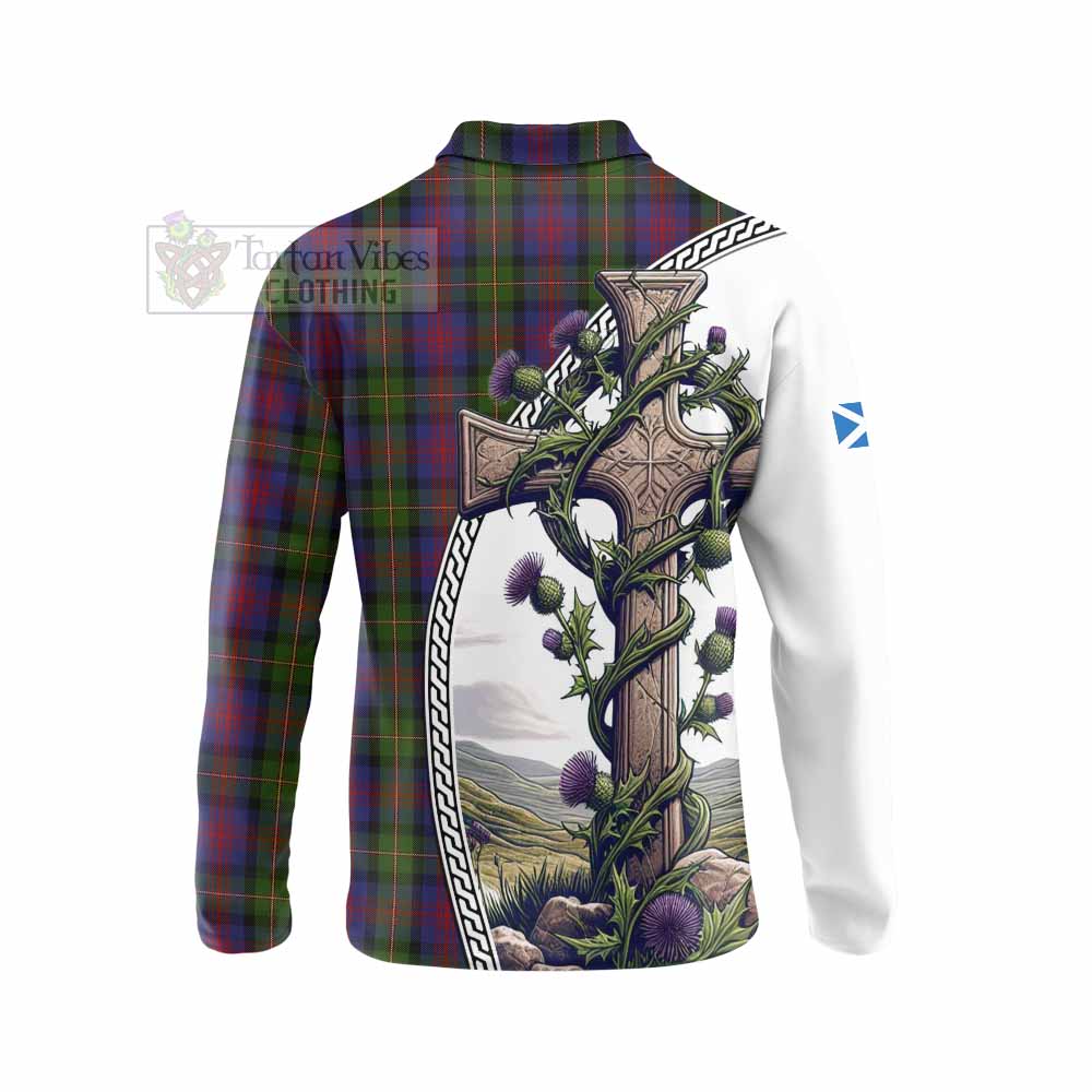 Tartan Vibes Clothing MacLennan (McLennan) Tartan Long Sleeve Polo Shirt with Family Crest and St. Andrew's Cross Accented by Thistle Vines