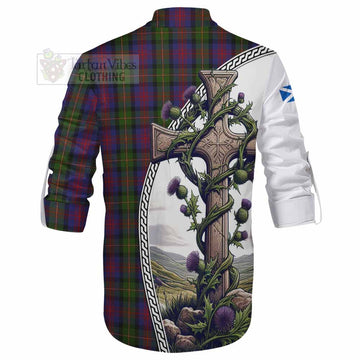 MacLennan (McLennan) Tartan Ghillie Kilt Shirt with Family Crest and St. Andrew's Cross Accented by Thistle Vines