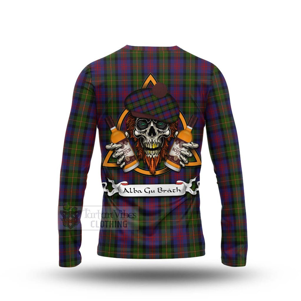 Tartan Vibes Clothing MacLennan (McLennan) Tartan Long Sleeve T-Shirt with Family Crest and Bearded Skull Holding Bottles of Whiskey