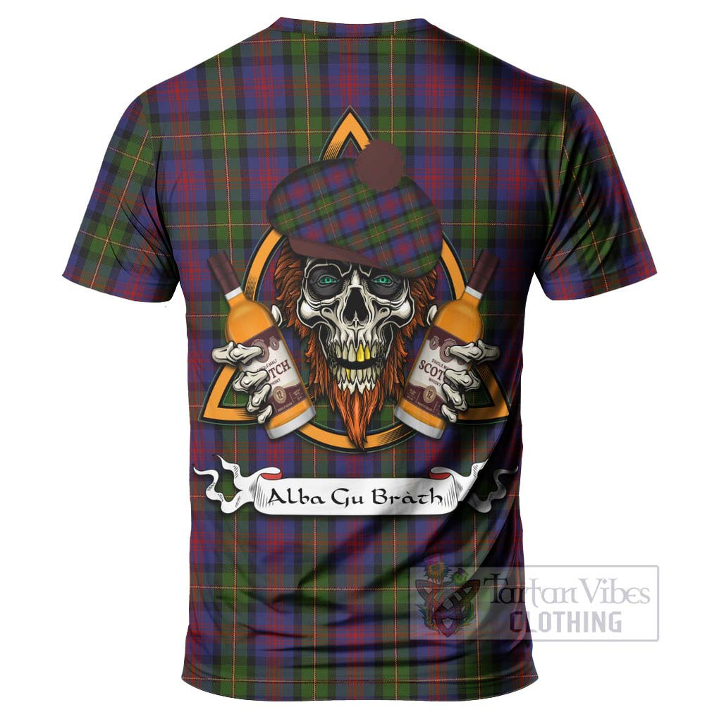 Tartan Vibes Clothing MacLennan (McLennan) Tartan T-Shirt with Family Crest and Bearded Skull Holding Bottles of Whiskey