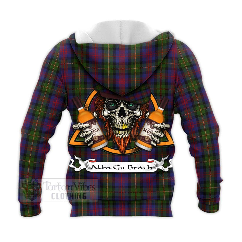 Tartan Vibes Clothing MacLennan (McLennan) Tartan Knitted Hoodie with Family Crest and Bearded Skull Holding Bottles of Whiskey