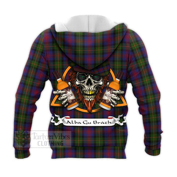 MacLennan (McLennan) Tartan Knitted Hoodie with Family Crest and Bearded Skull Holding Bottles of Whiskey