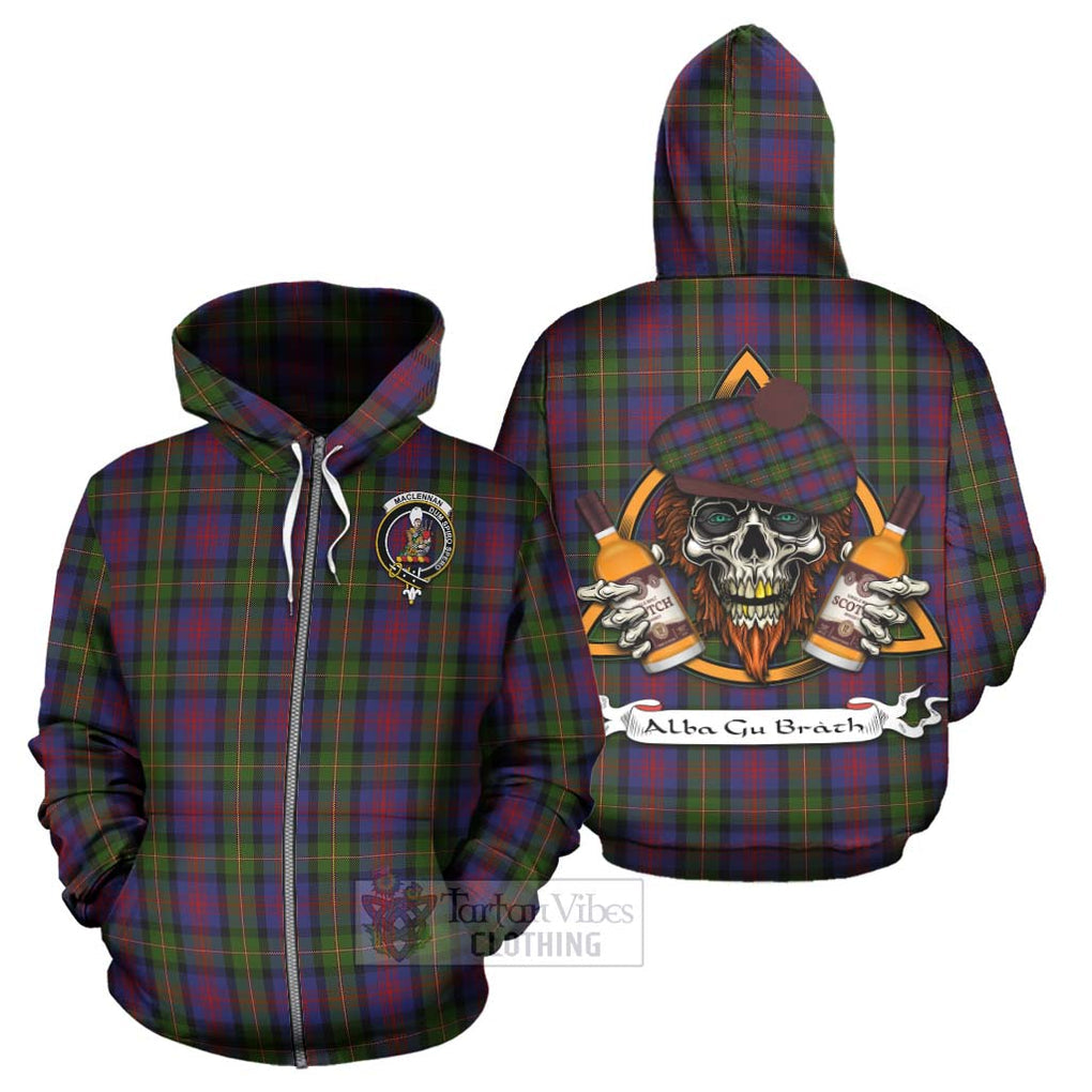 Tartan Vibes Clothing MacLennan (McLennan) Tartan Hoodie with Family Crest and Bearded Skull Holding Bottles of Whiskey