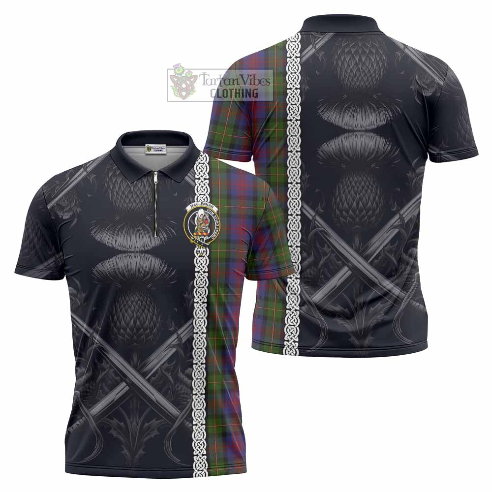 Tartan Vibes Clothing MacLennan (McLennan) Tartan Zipper Polo Shirt with Family Crest Cross Sword Thistle Celtic Vibes