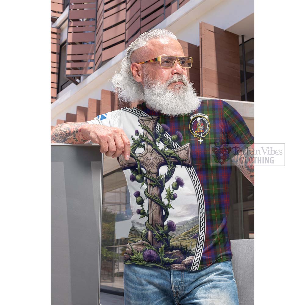 Tartan Vibes Clothing MacLennan (McLennan) Tartan Cotton T-shirt with Family Crest and St. Andrew's Cross Accented by Thistle Vines