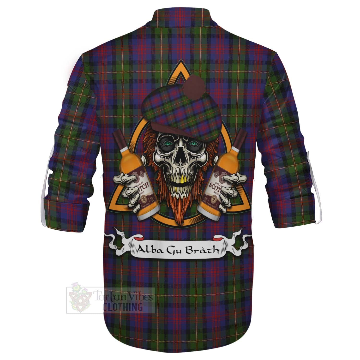 Tartan Vibes Clothing MacLennan (McLennan) Tartan Ghillie Kilt Shirt with Family Crest and Bearded Skull Holding Bottles of Whiskey