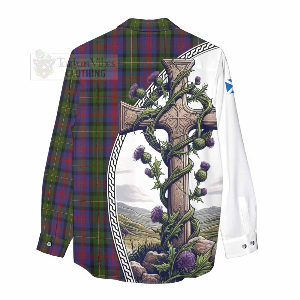 Tartan Vibes Clothing MacLennan (McLennan) Tartan Women's Casual Shirt with Family Crest and St. Andrew's Cross Accented by Thistle Vines