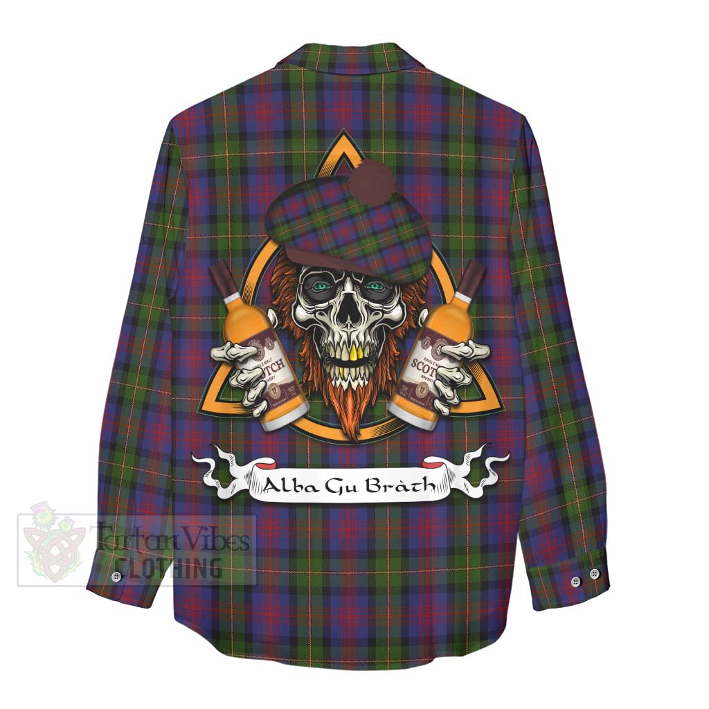 Tartan Vibes Clothing MacLennan (McLennan) Tartan Women's Casual Shirt with Family Crest and Bearded Skull Holding Bottles of Whiskey