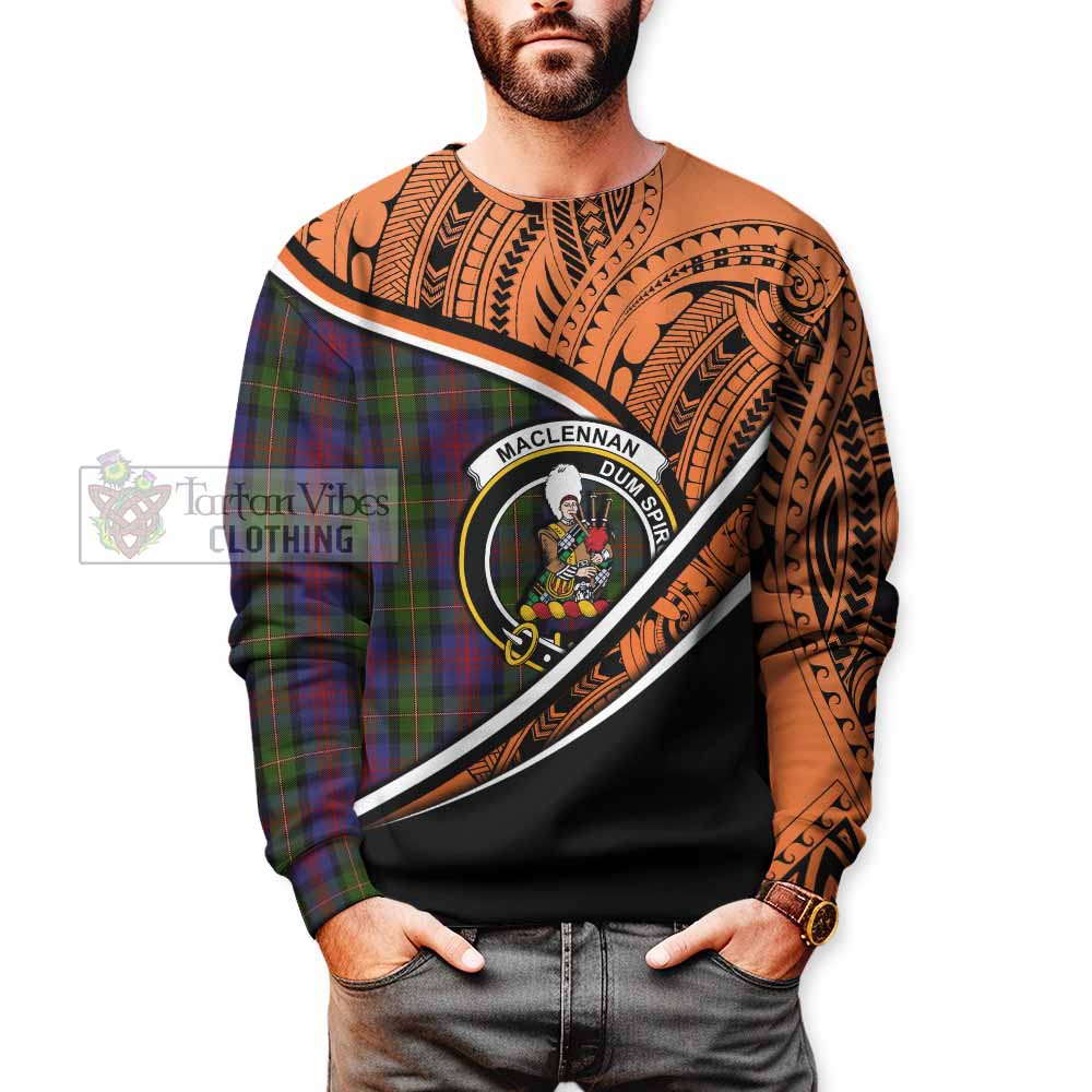 Tartan Vibes Clothing MacLennan (McLennan) Crest Tartan Sweatshirt with Maori Tattoo Style - Orange Version