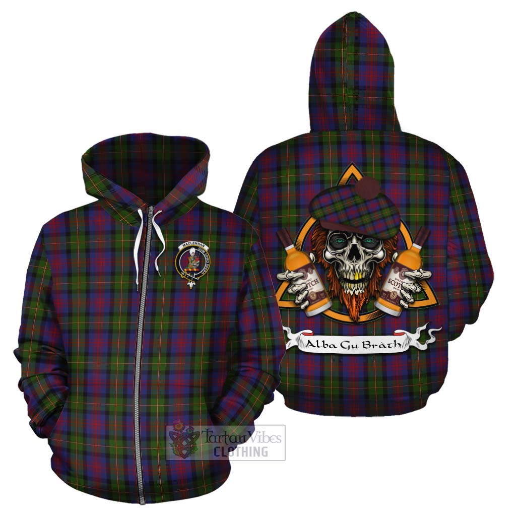 Tartan Vibes Clothing MacLennan (McLennan) Tartan Cotton Hoodie with Family Crest and Bearded Skull Holding Bottles of Whiskey