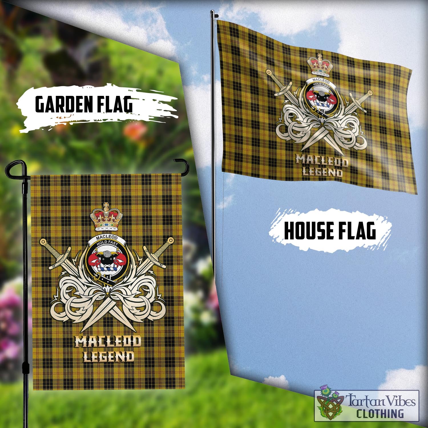 Tartan Vibes Clothing MacLeod Tartan Flag with Clan Crest and the Golden Sword of Courageous Legacy