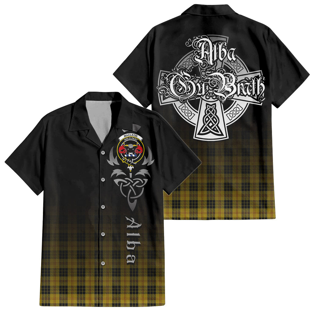 Tartan Vibes Clothing MacLeod Tartan Short Sleeve Button Up Featuring Alba Gu Brath Family Crest Celtic Inspired