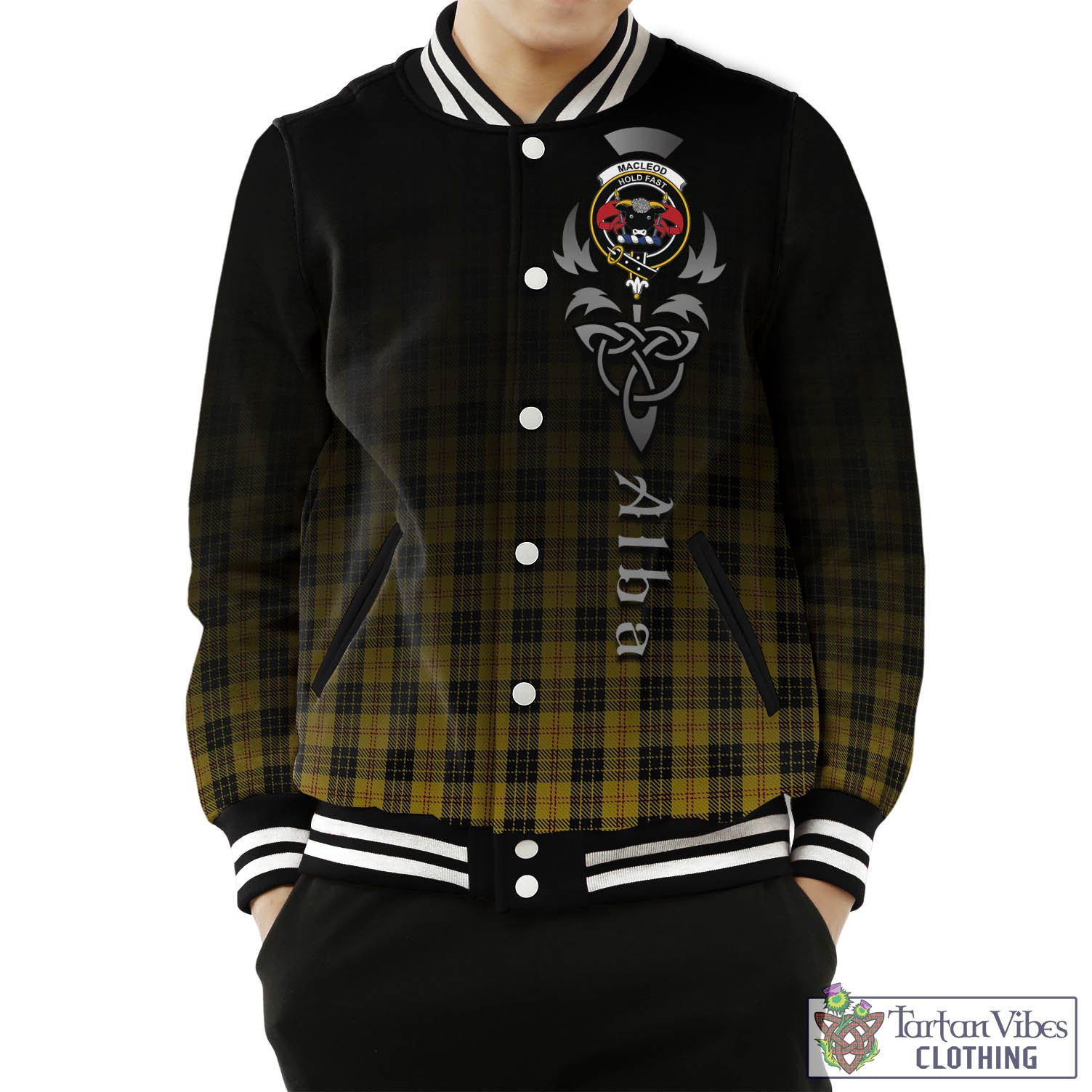 Tartan Vibes Clothing MacLeod Tartan Baseball Jacket Featuring Alba Gu Brath Family Crest Celtic Inspired