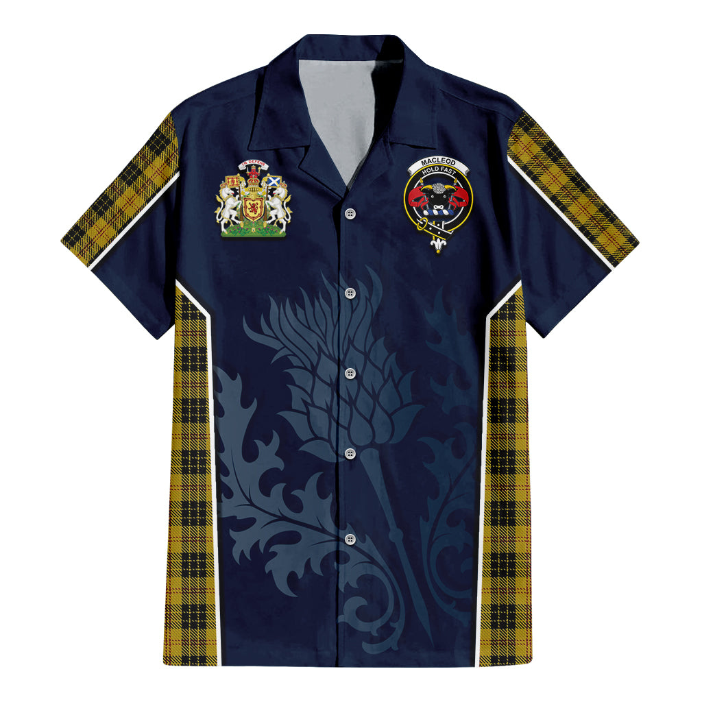 Tartan Vibes Clothing MacLeod Tartan Short Sleeve Button Up Shirt with Family Crest and Scottish Thistle Vibes Sport Style