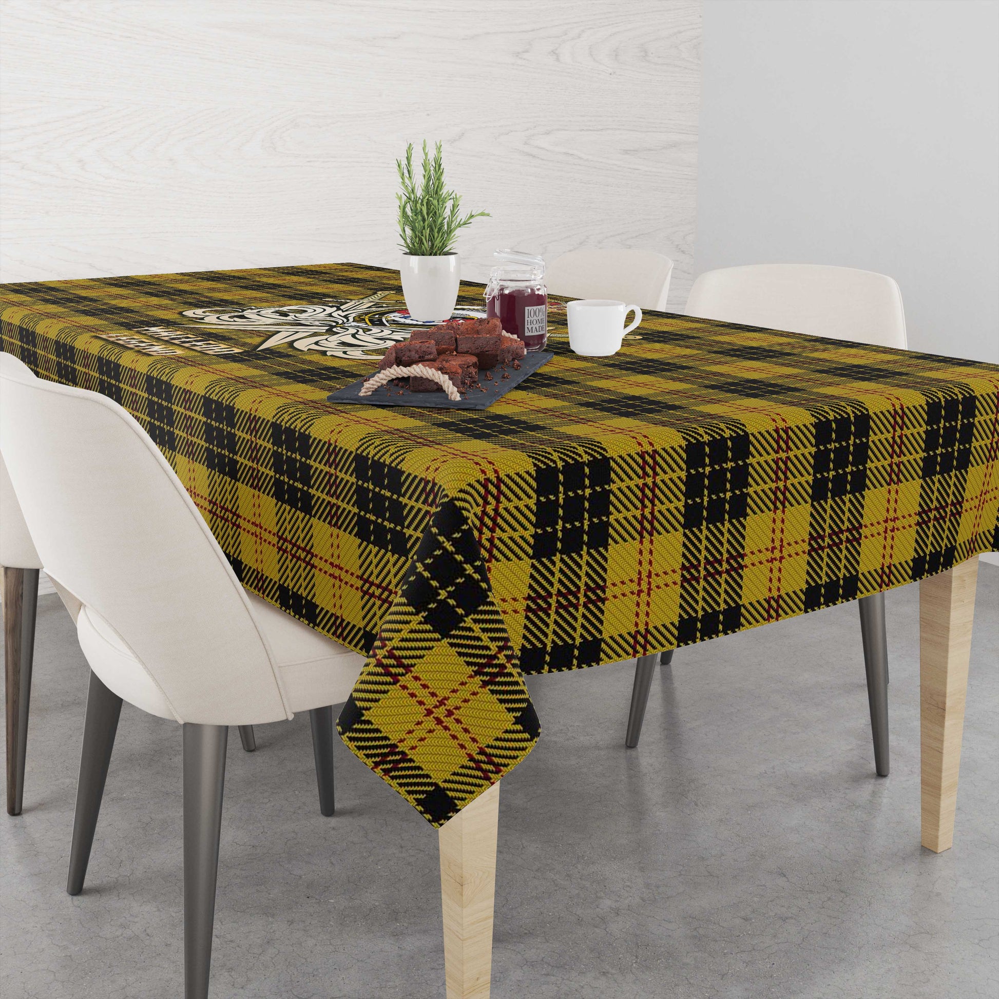 Tartan Vibes Clothing MacLeod Tartan Tablecloth with Clan Crest and the Golden Sword of Courageous Legacy