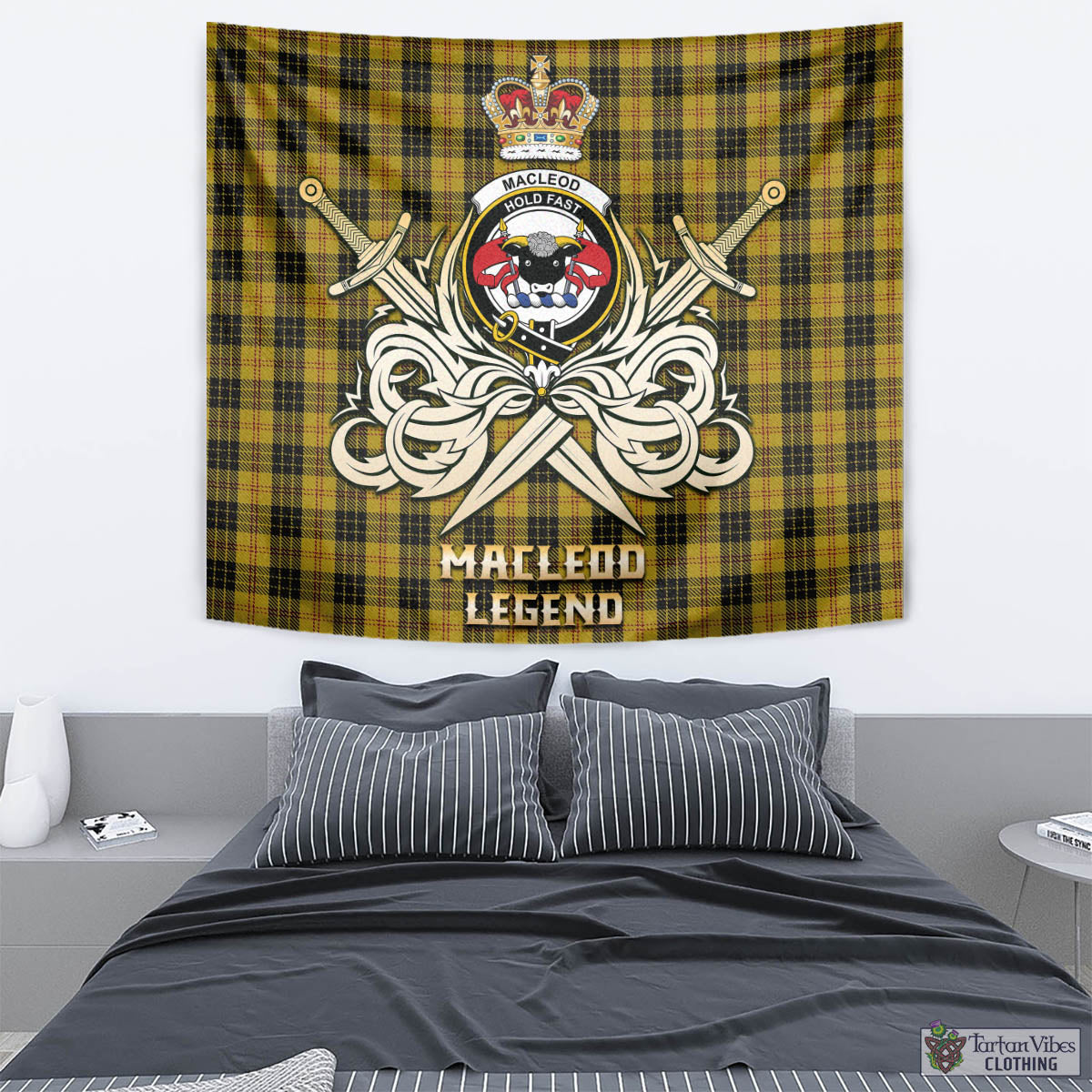 Tartan Vibes Clothing MacLeod Tartan Tapestry with Clan Crest and the Golden Sword of Courageous Legacy