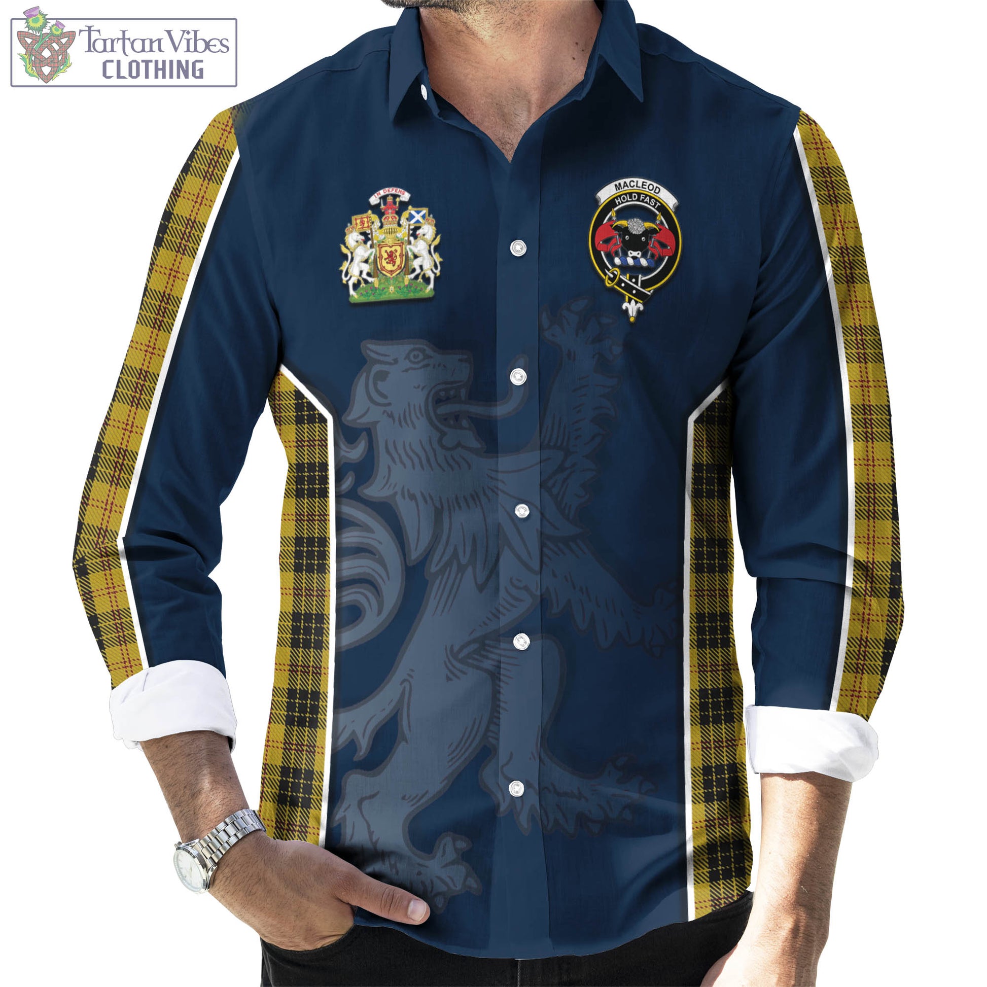 Tartan Vibes Clothing MacLeod Tartan Long Sleeve Button Up Shirt with Family Crest and Lion Rampant Vibes Sport Style